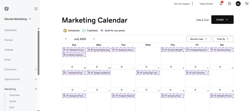 Screenshot of a marketing calendar for July 2025, featuring scheduled and published posts on various days and marketing themes.