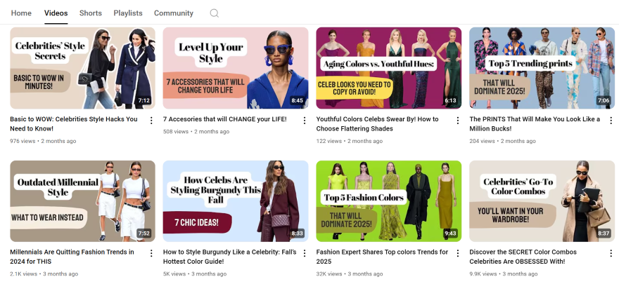 Screenshot of YouTube thumbnails from a fashion channel with stylish font and photos
