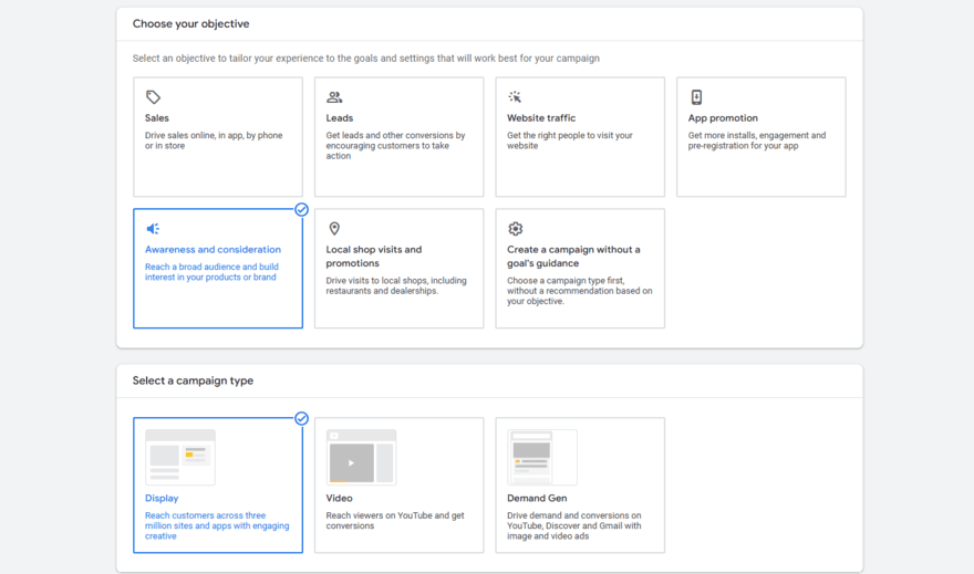 Options for campaign type when creating a new Google Ads campaign