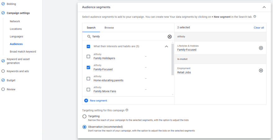 Setting audience types in a Google Ads campaign