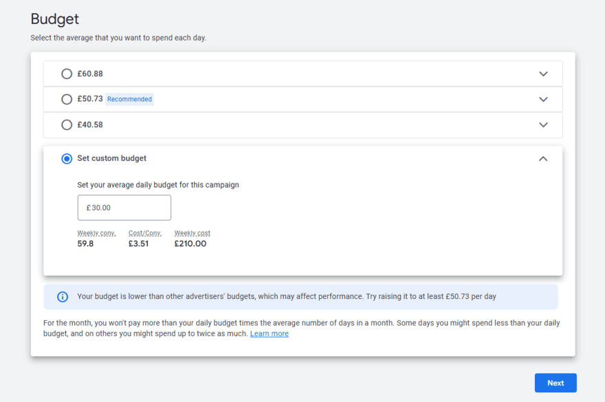 Recommended budget options and a custom budget box in Google Ad settings