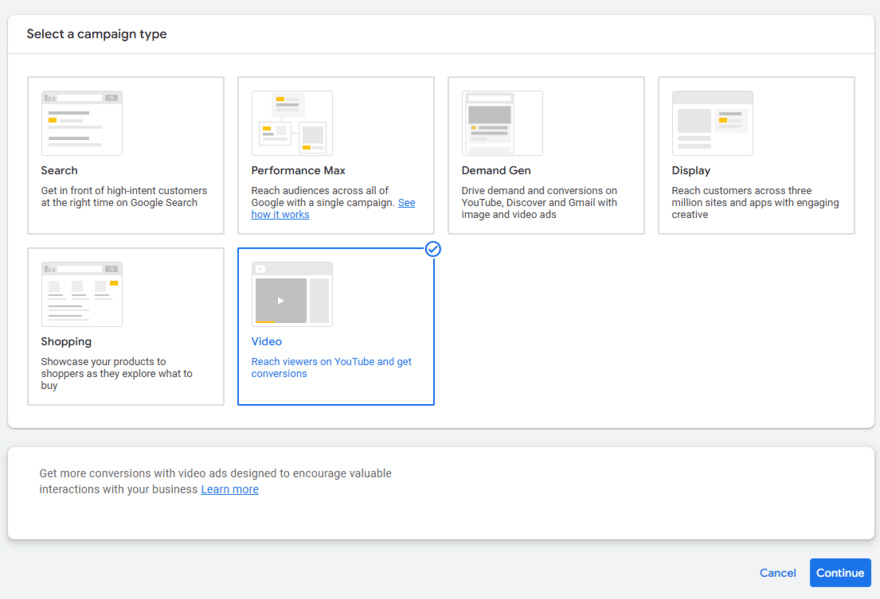 Option of six campaign types when creating a new campaign in Google Ads