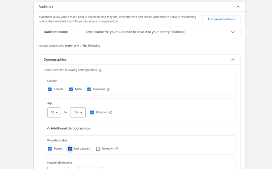 Google Ads demographic settings page