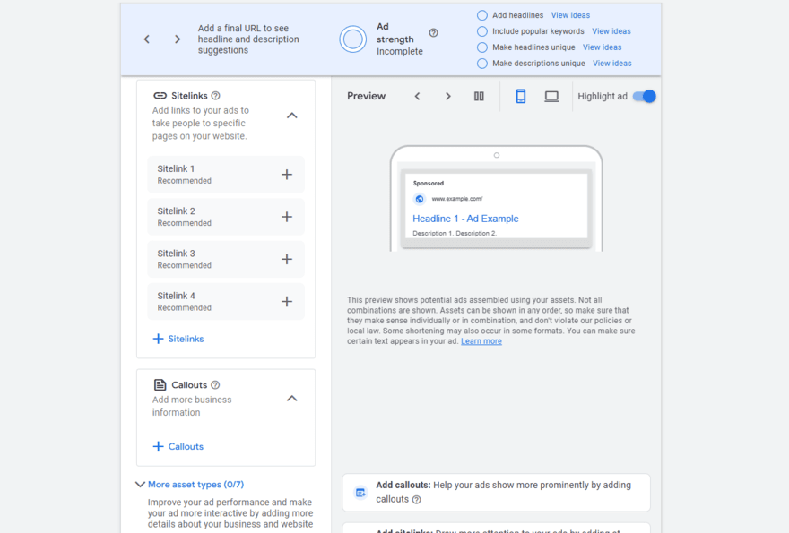 Editing the ad display in Google Ads