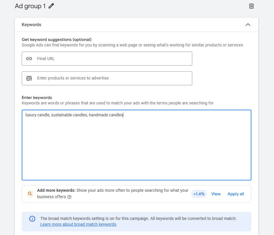 Box to add keywords in Google Ad campaign settings