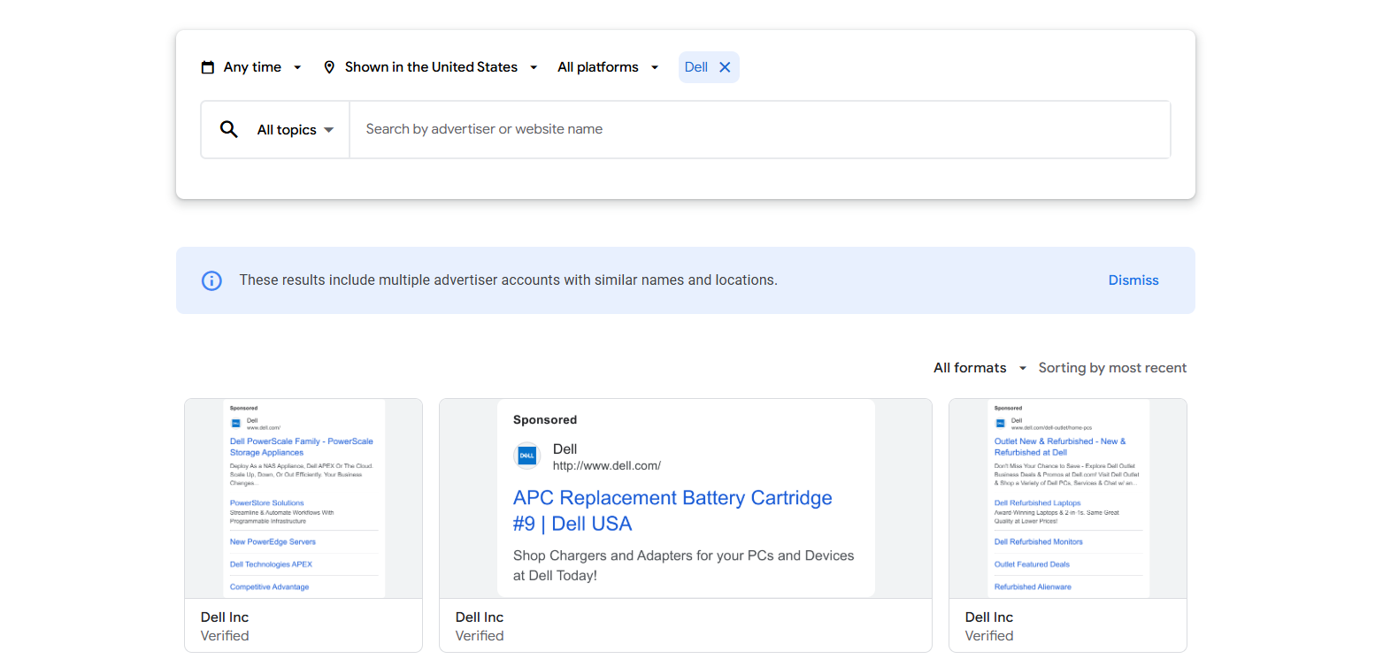 An Dell Ad as shown on Google's Ads Transparency Tracker