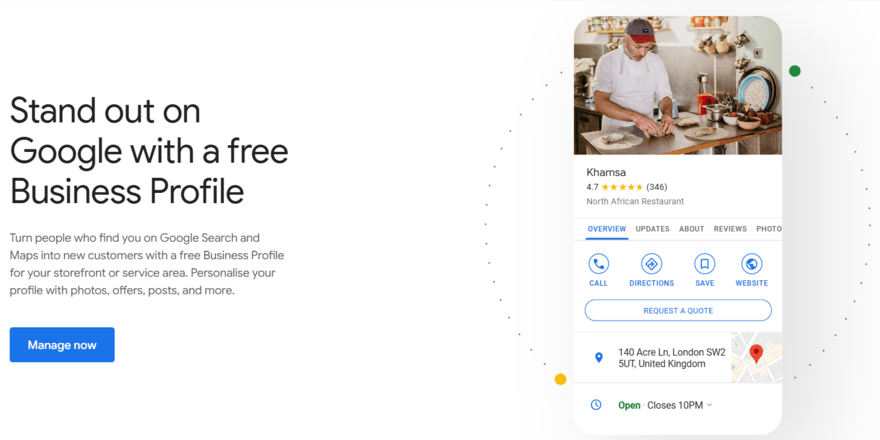 Google Business Profile homepage to sign up