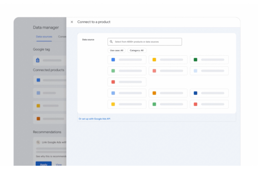 A screenshot of a pop-up window allowing the user to connect a product to Google's Data Manager tool
