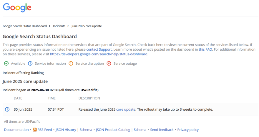 Google incident dashboard reporting on the June 2025 core update