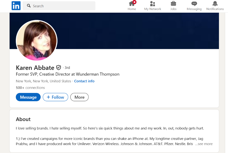 Screenshot of a LinkedIn profile with the About section filled in