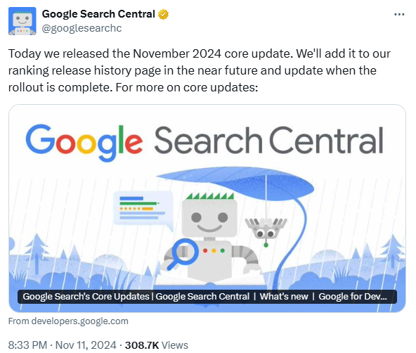 Post on X by Google Search Central about the November core update