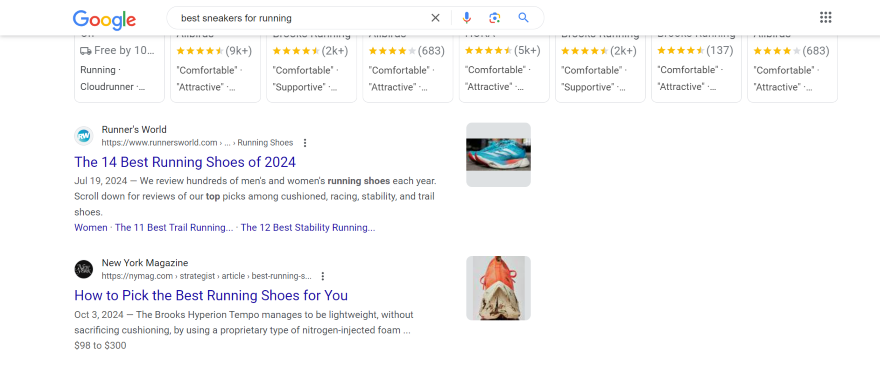 Screenshot of a Google's search results page for the query "best sneakers for walking"