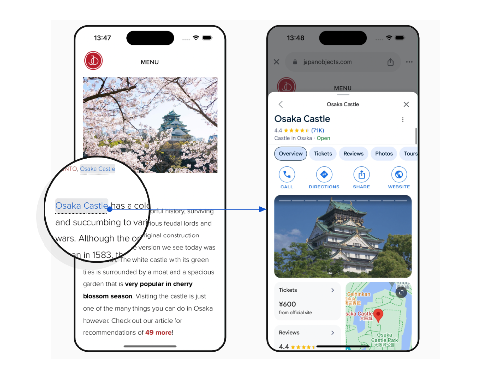 Two phone screens showing a Google link on a webpage and a Google location profile