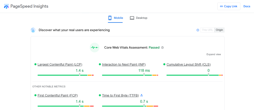 Screenshot of the free GooglePageInsights tool with key metrics to measure site speed.