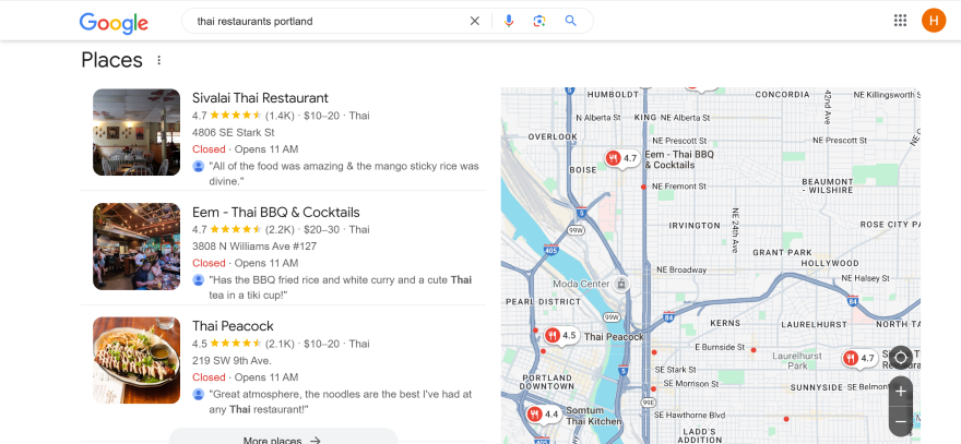 A Google Places snippet showcasing different Thai restaurants as identified on a map