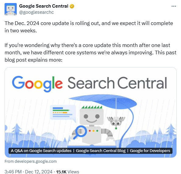 Google Search Central X post about December core update