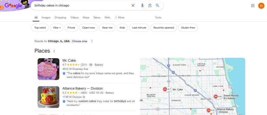 Screenshot of a google search results page for the query "birthday cakes in Chicago" with local bakeries and a map