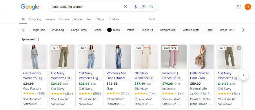 Screenshot of a Google search results page for "cute pants for women" and paid shopping ads at the top
