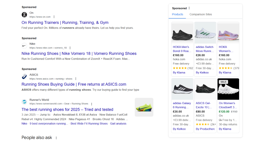 Google results page showcasing sneakers to buy