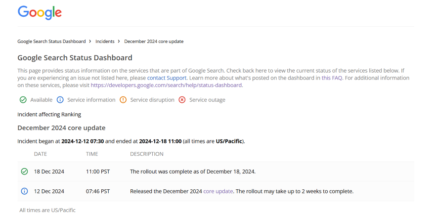 A page from the Google Search Status Dashboard showcasing the latest update