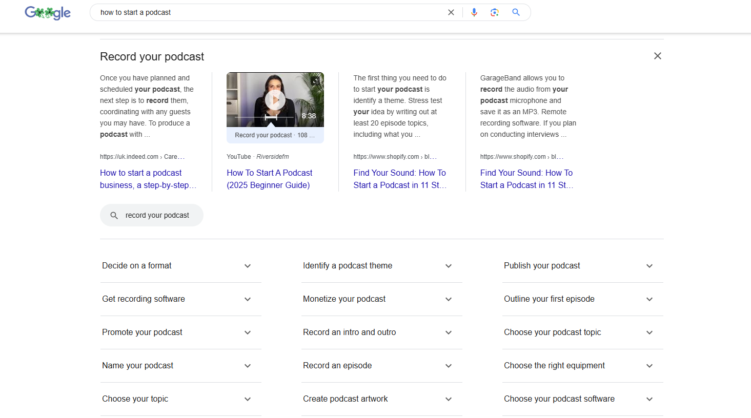 Google Snippet showing the different steps to start a podcast on search results