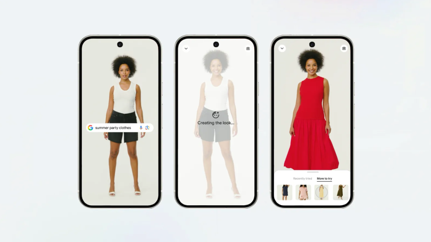 Three smartphones display virtual outfit try-ons featuring a mix of casual and party attire, with options suggested at the bottom.