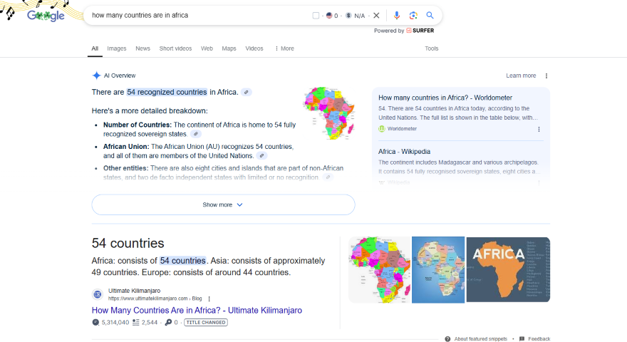 Google search result showing that there are 54 African countries