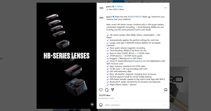 Screenshot of a post from GoPro's Instagram page with a short showcasing a new product