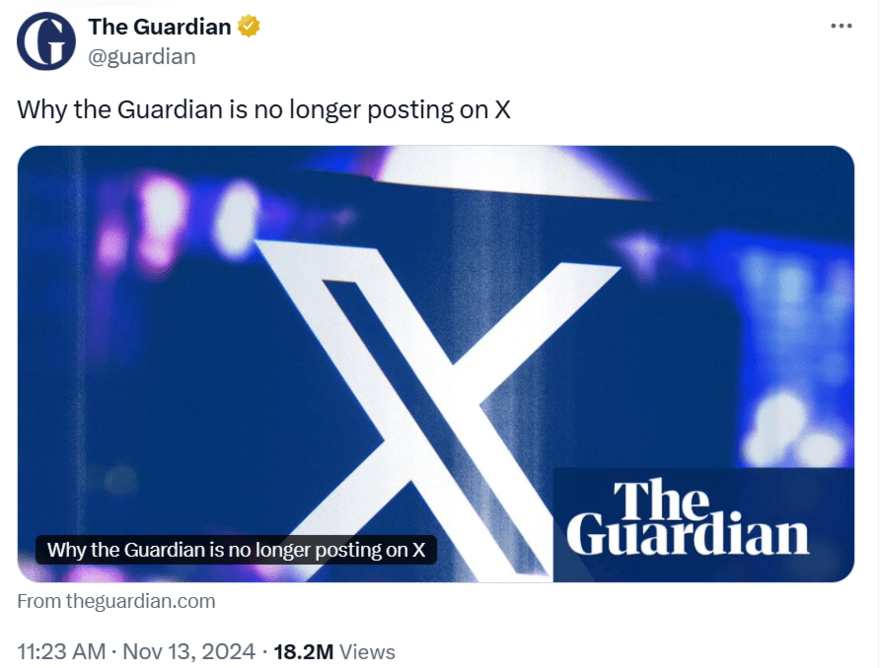 Guardian post on X sharing their article about leaving X