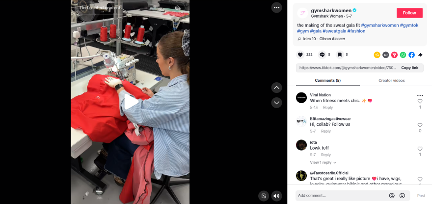 TikTok frame of a woman sewing a red garment at a sewing machine, surrounded by spools of thread in a bright workshop.