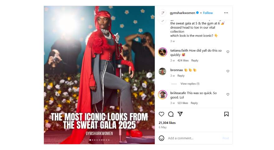 Instagram post with a model posing dramatically in a vibrant red outfit with a flowing cape, surrounded by blooming flowers at the 2025 Sweat Gala.