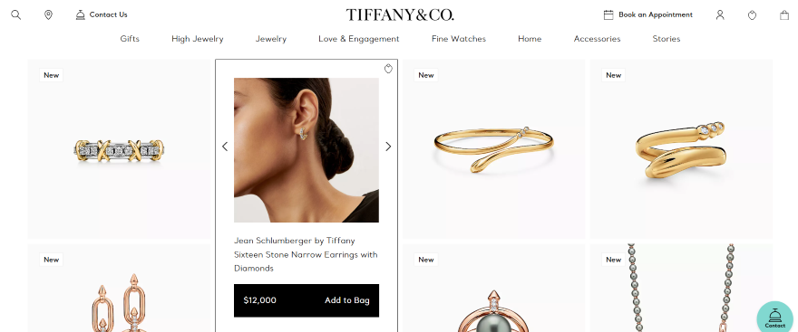 Screenshot of new jewelery listed on the Tiffany and Co. website