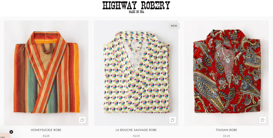 Highway Robery homepage showing 3 robe products