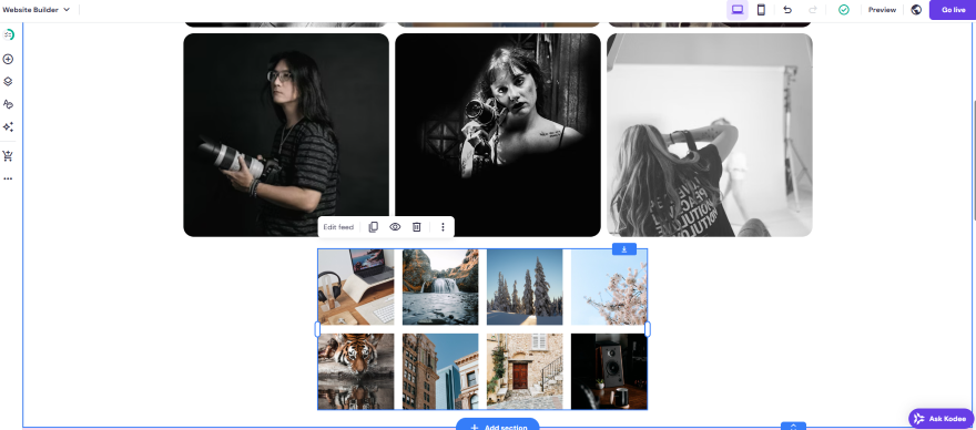 A grid of various images showcasing photography and nature, along with a workspace featuring a laptop and desk setup.