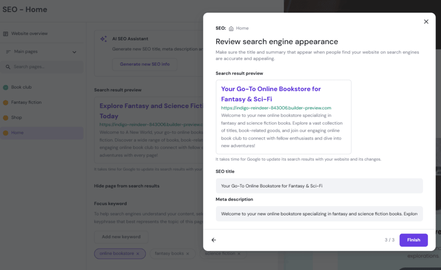 Hostinger's AI SEO Assistant offering advice on metadata