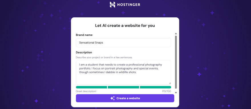 Screenshot of Hostinger website builder interface, showing input fields for brand name and project description for a photography portfolio.