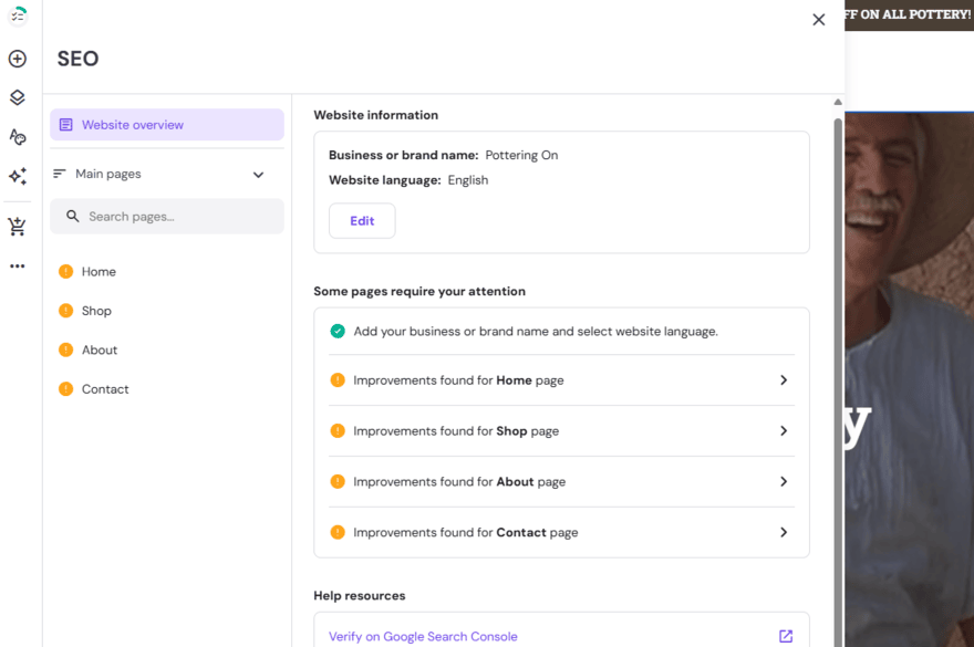 Hostinger's website builder SEO settings sidebar