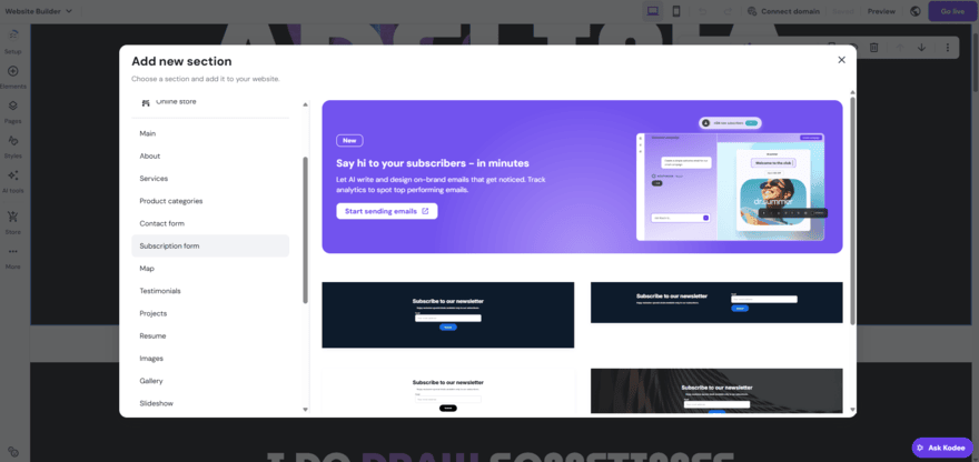 Subscriber section styles available in Hostinger's website builder editor