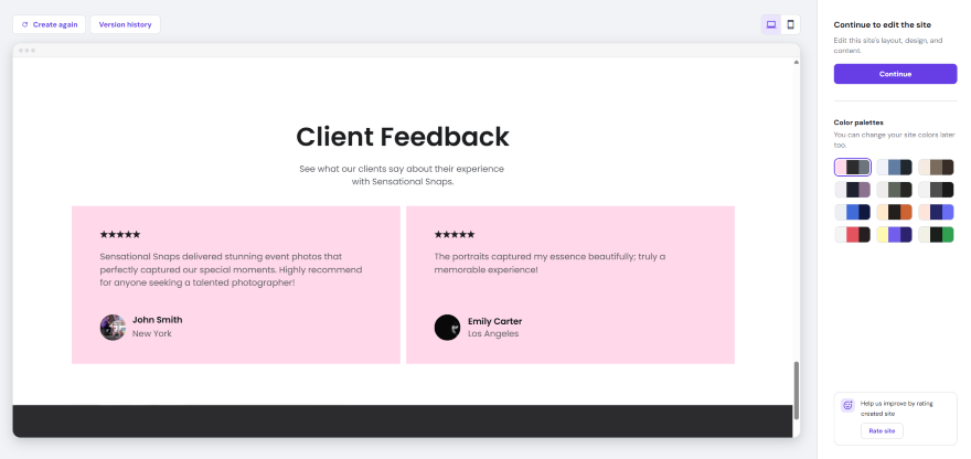 Two client testimonials praising Sensational Snaps for stunning event photos and memorable portraits on a feedback section layout.