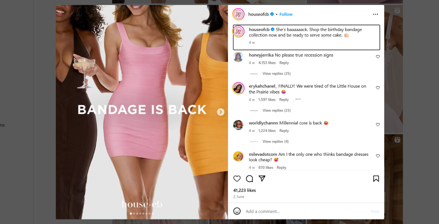 Three women of diverse backgrounds model colorful bandage dresses, with a caption declaring "Bandage is Back" and promoting a new collection.
