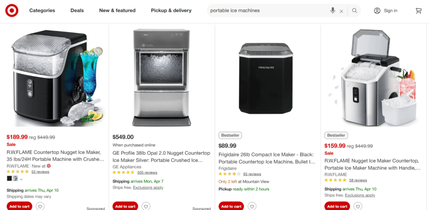 Ice maker products on Target's website