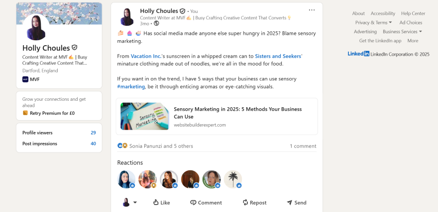 Holly Choules shares insights on sensory marketing, linking food cravings to recent trends in marketing strategies on LinkedIn.