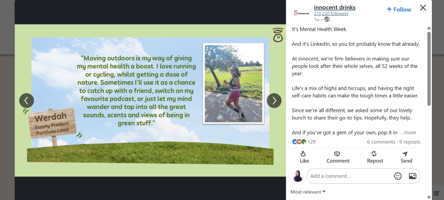 Screenshot of a Innocent Smoothies LinkedIn post with a quote and portrait image for Mental Health Week