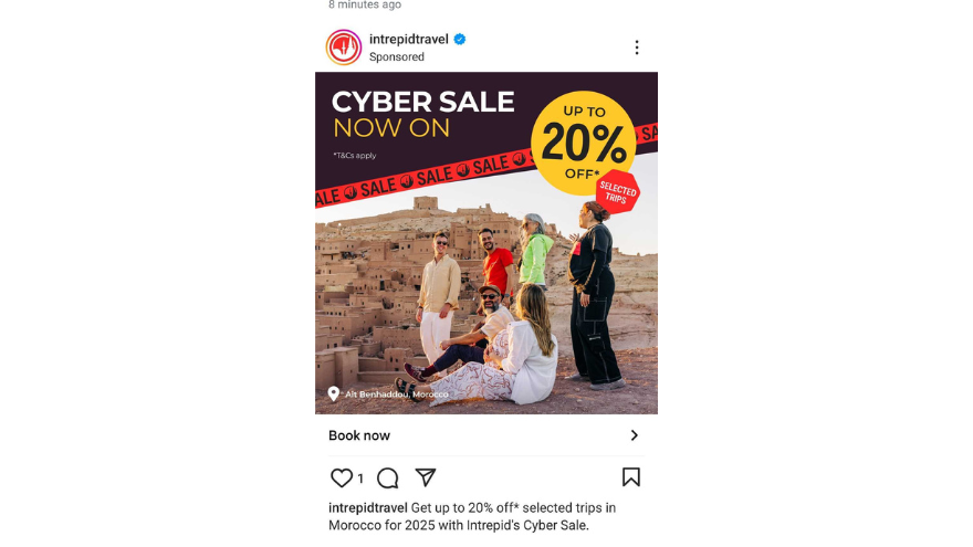 Screenshot of an Instagram ad for a travel company's cyber sale