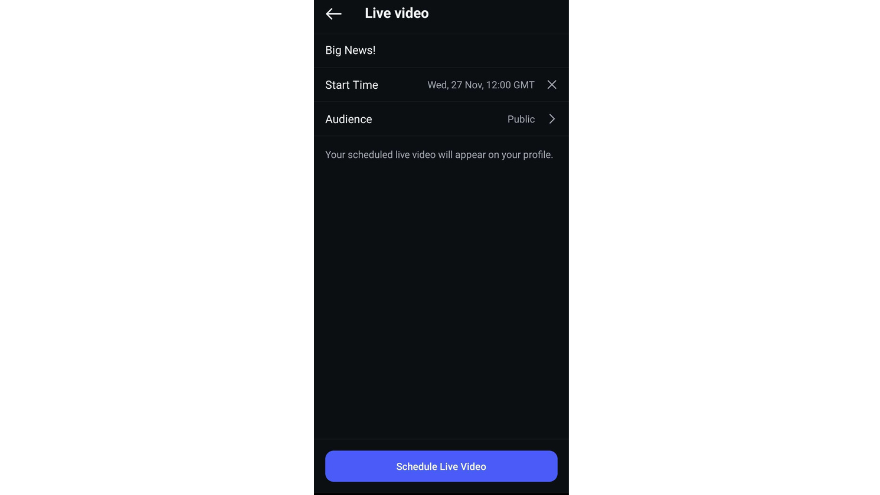 Screenshot of an Instagram screen allowing you to schedule an Instagram Live