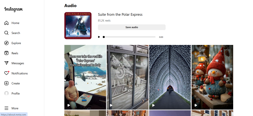 Screenshot of a Sound's page on Instagram listing the videos using the audio.