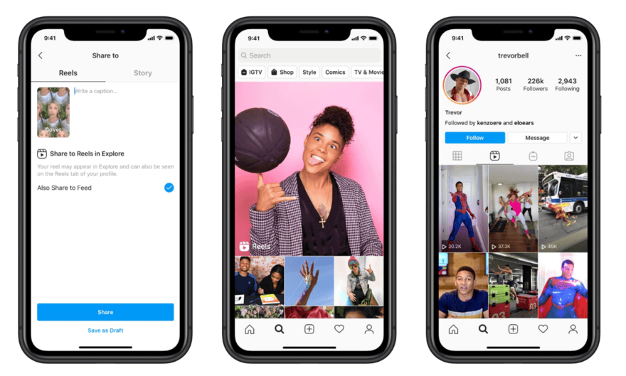 Three mobiles side by side showing Instagram Reels features and its interface