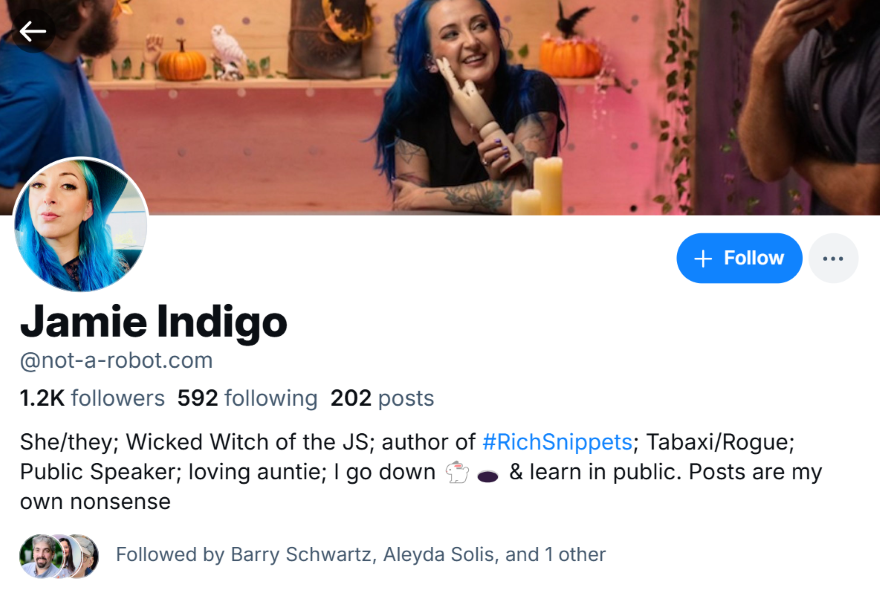 Screenshot of the Bluesky account bio for Jamie Indigo