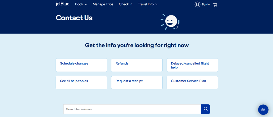 Screenshot of JetBlue's Contact Us page with common question links and a search bar