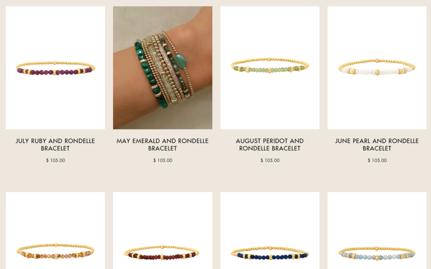 Rows of beaded bracelet products on Karen Lazar Design website